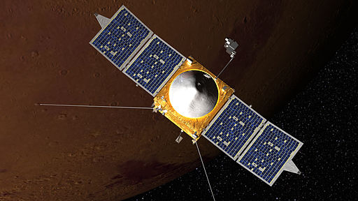 An artist's rendering of the MAVEN vehicle. Image by NASA's Goddard Space Flight Center (Public Domain)
