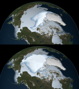 The image shows sea ice coverage in 1980 (bottom) and 2012 (top), as observed by passive microwave sensors on NASA’s Nimbus-7 satellite and by the Special Sensor Microwave Imager/Sounder (SSMIS) from the Defense Meteorological Satellite Program (DMSP). Multi-year ice is shown in bright white, while average sea ice cover is shown in light blue to milky white. The data shows the ice cover for the period of November 1 through January 31 in their respective years.